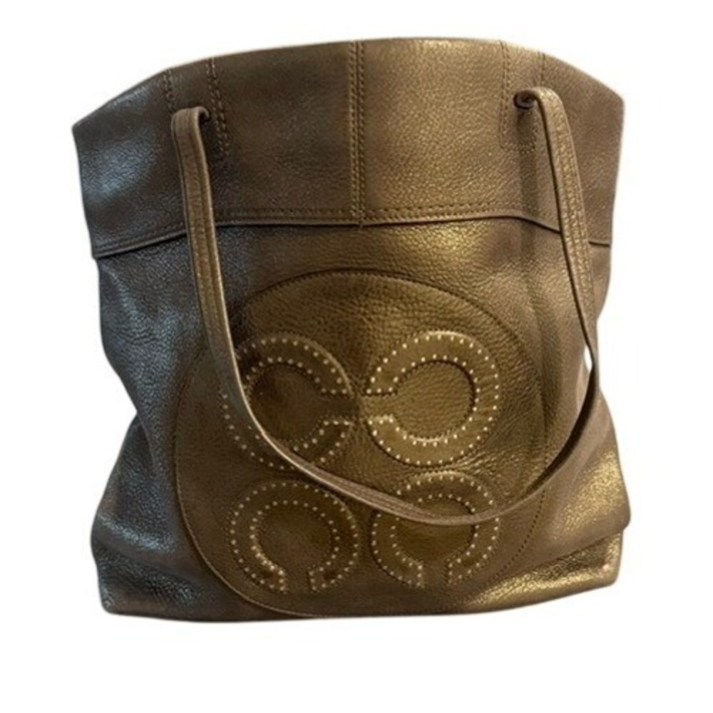 Coach Tote Bag Womens Large Bronze Excellent Metallic Leather Logo Studded
